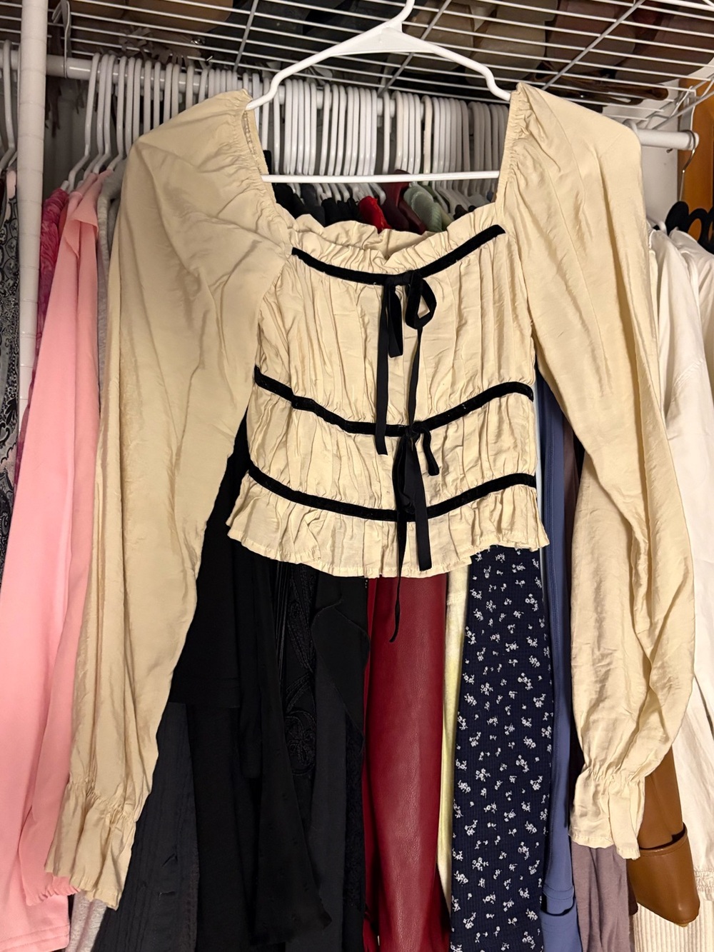 Beige Puff-Sleeve Corset Blouse with Black Trim